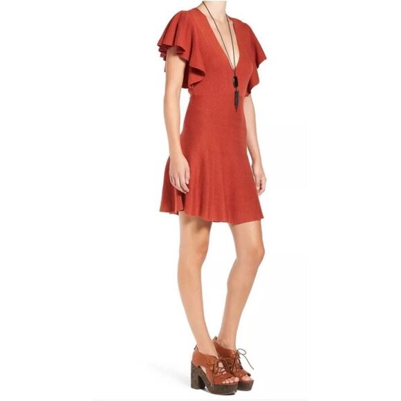 Free People flutter sleeve flare Knit dress XS rusty red brown - Picture 2 of 11
